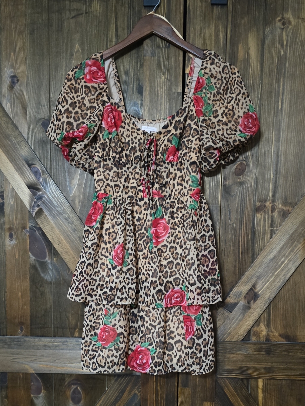 City Studio Leopard Print Mini Dress with Red Rose Accent
